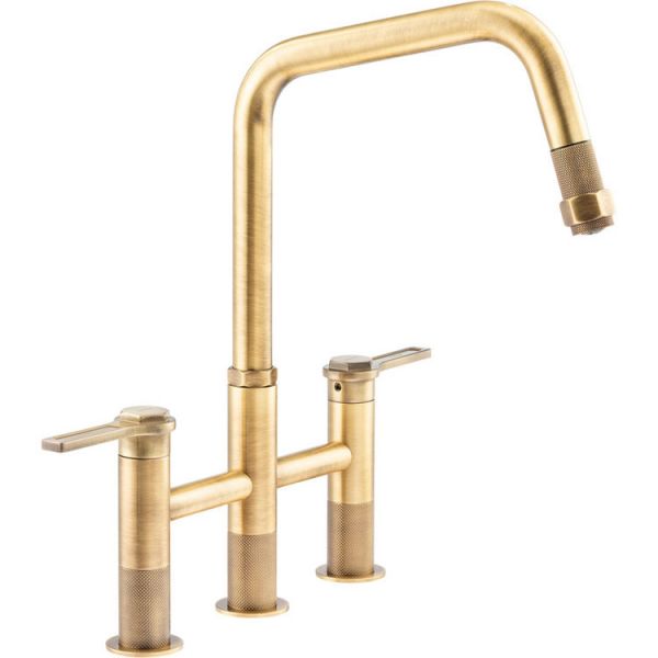 Abode Hex Antique Brass Bridge Dual Lever Kitchen Mixer Pull Out Tap