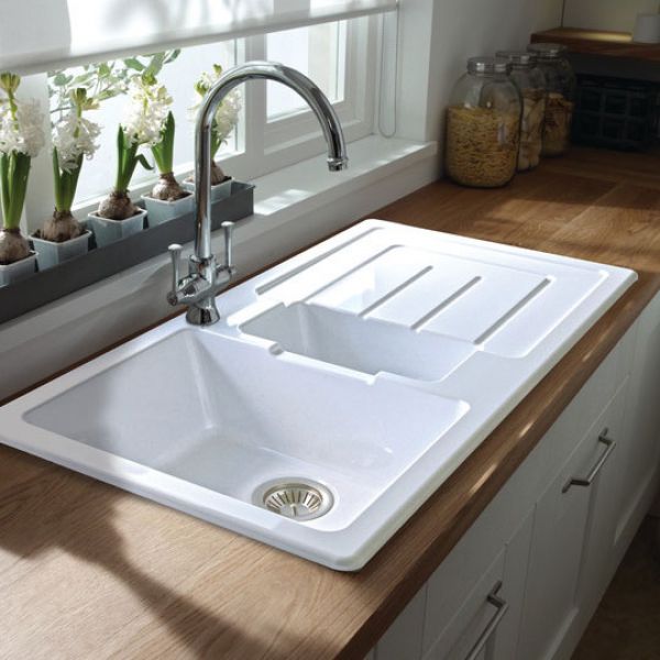 Abode Acton Inset 1.5 Bowl White Ceramic Kitchen Sink with Drainer #3