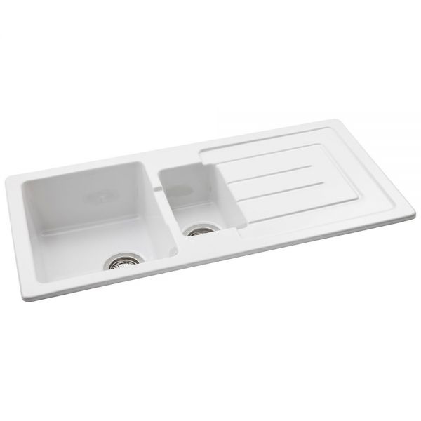 Abode Acton Inset 1.5 Bowl White Ceramic Kitchen Sink with Drainer #2