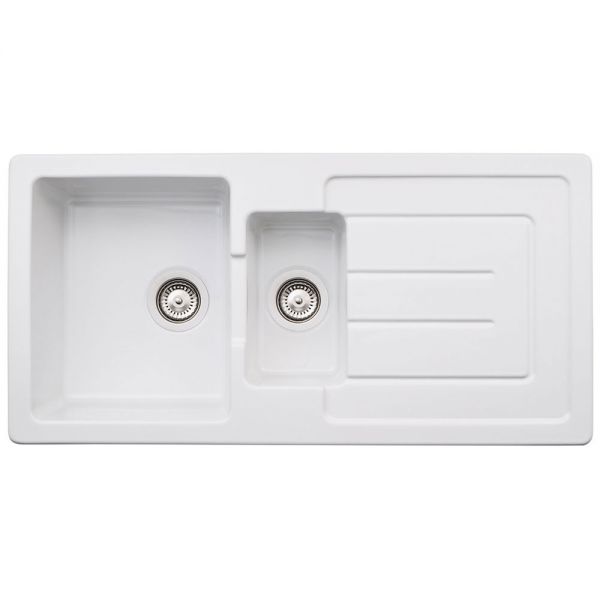 Abode Acton Inset 1.5 Bowl White Ceramic Kitchen Sink with Drainer