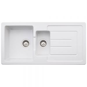 Abode Acton Inset 1.5 Bowl White Ceramic Kitchen Sink with Drainer