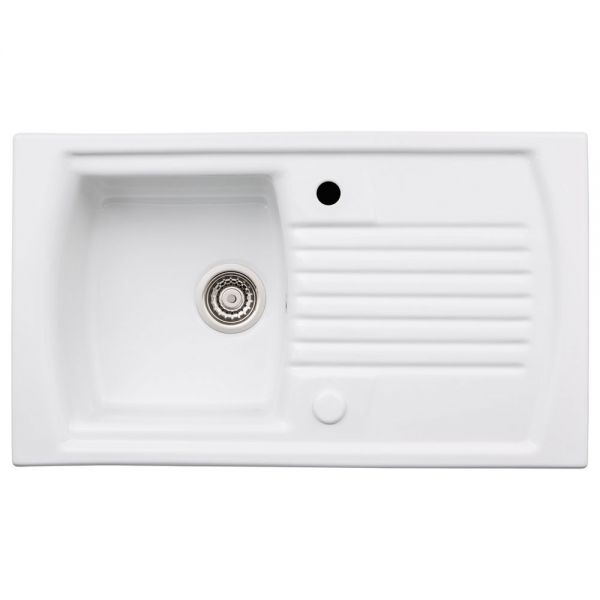 Abode Milford Inset Single Bowl White Ceramic Kitchen Sink with Drainer