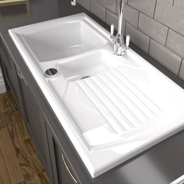 Abode Milford Inset 1.5 Bowl White Ceramic Kitchen Sink with Drainer #3