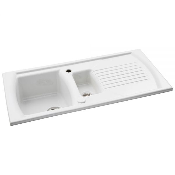 Abode Milford Inset 1.5 Bowl White Ceramic Kitchen Sink with Drainer #2