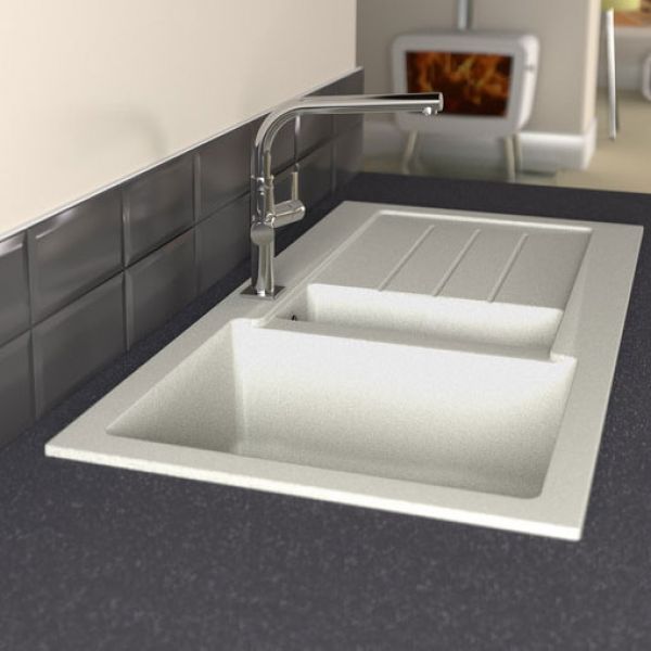 Abode Xcite Inset 1.5 Bowl Frost White Granite Kitchen Sink with Drainer #3