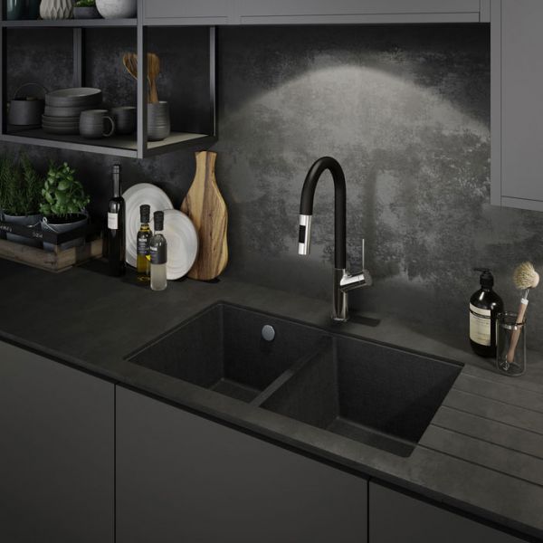 Abode Matrix SQ GR15 Undermount 2 Bowl Black Metallic Granite Kitchen Sink #3