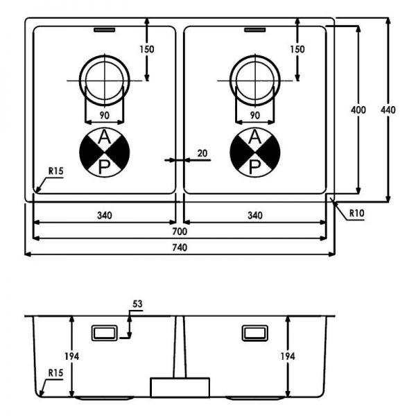 Abode Matrix R15 Undermount or Inset 2 Bowl Stainless Steel Kitchen Sink #3