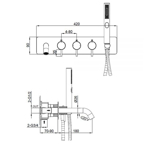 Abacus Iso Pro Brushed Brass 5 Hole Wall Mounted Bath Shower Mixer Tap #2