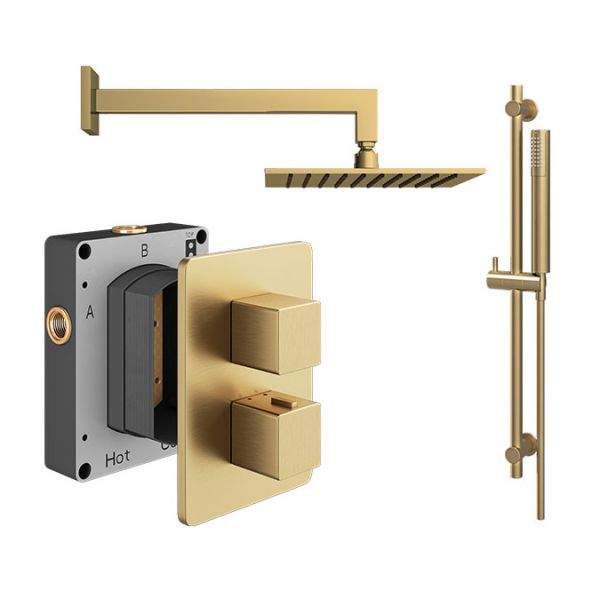 Abacus PK2 Square Brushed Brass Two Outlet Concealed Thermostatic Shower Pack