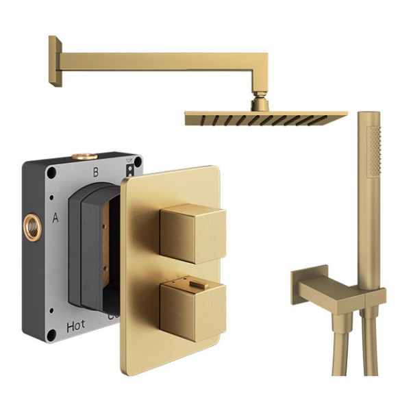 Abacus PK3 Square Brushed Brass Two Outlet Concealed Thermostatic Shower Pack