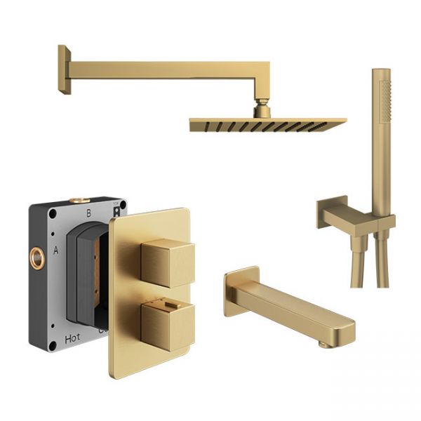Abacus PK5 Square Brushed Brass Three Outlet Concealed Thermostatic Shower Pack