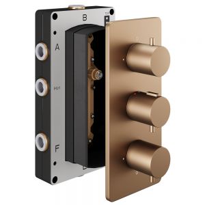Abacus Brushed Bronze Three Outlet Three Handle Round Thermostatic Shower Valve