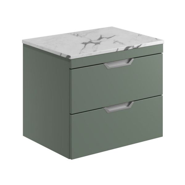 Apex Aubrey Green 600 Wall Hung Vanity Unit and Carrara Worktop