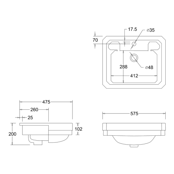 Burlington 580mm Rectangular Semi Recessed Basin B12 #2