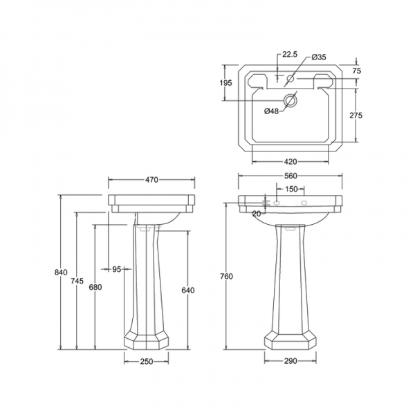Burlington Victorian 560mm Rectangular Basin and Pedestal B2 #2