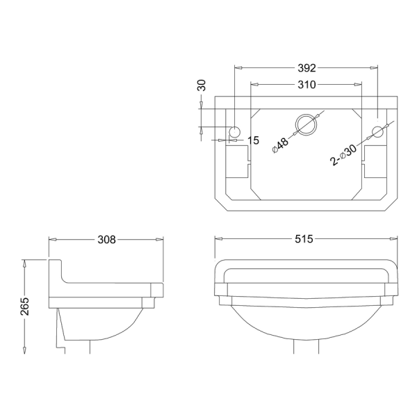 Burlington Edwardian 510mm Wall Hung Cloakroom Basin B8 #2