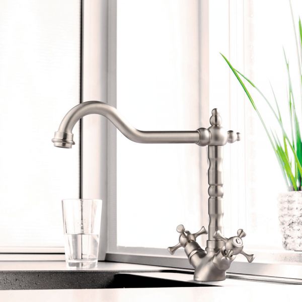 Clearwater Baroc Twin Lever Brushed Nickel Monobloc Kitchen Sink Mixer Tap