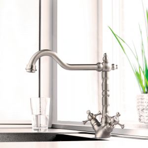 Clearwater Baroc Twin Lever Brushed Nickel Monobloc Kitchen Sink Mixer Tap
