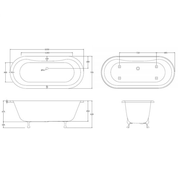 BC Designs Elmstead Freestanding Double Ended Roll Top Bath 1700 x 750mm BAU037 #4