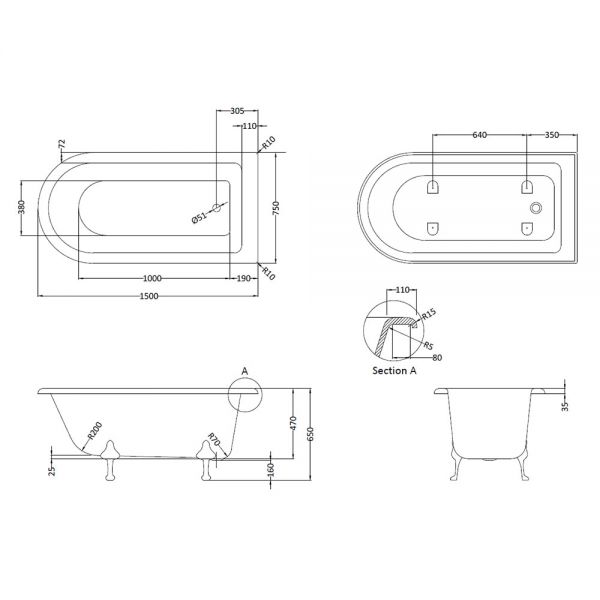 BC Designs Tye Traditional Single Ended Shower Bath 1500 x 750mm BAU055 #3