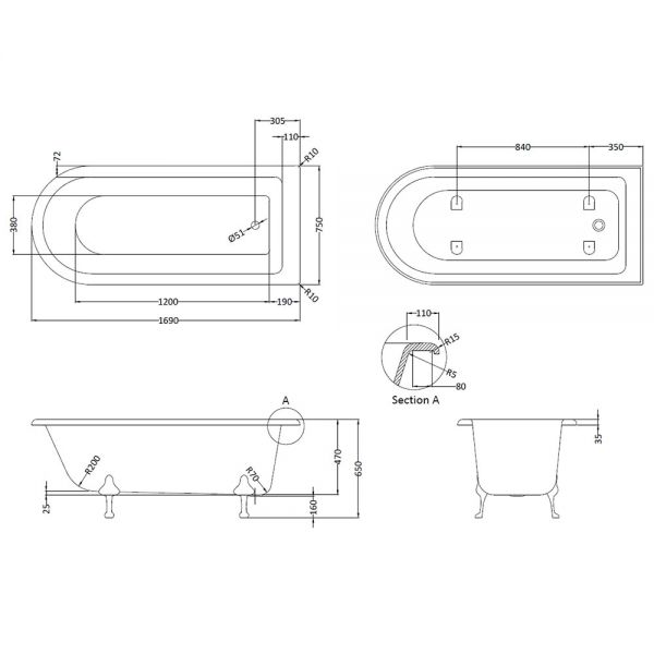 BC Designs Tye Traditional Single Ended Shower Bath 1700 x 750mm BAU076 #3