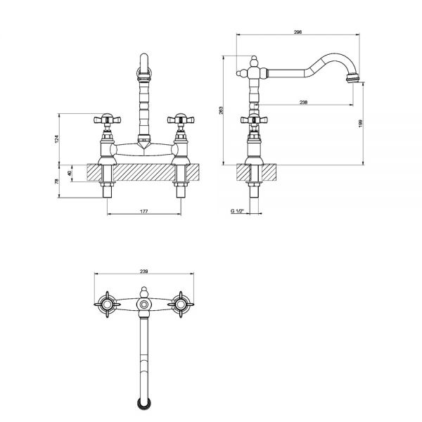 Clearwater Baroc Bridge Twin Lever Brushed Bronze Kitchen Sink Mixer Tap #2