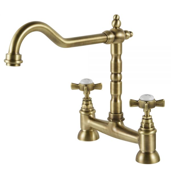 Clearwater Baroc Bridge Twin Lever Brushed Bronze Kitchen Sink Mixer Tap