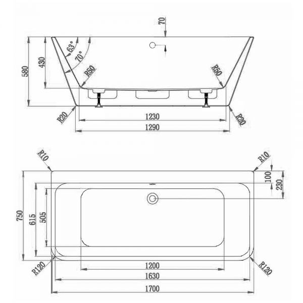 BC Designs Ancora Square Back To Wall Double Ended Bath 1700 x 750mm BAS025 #2