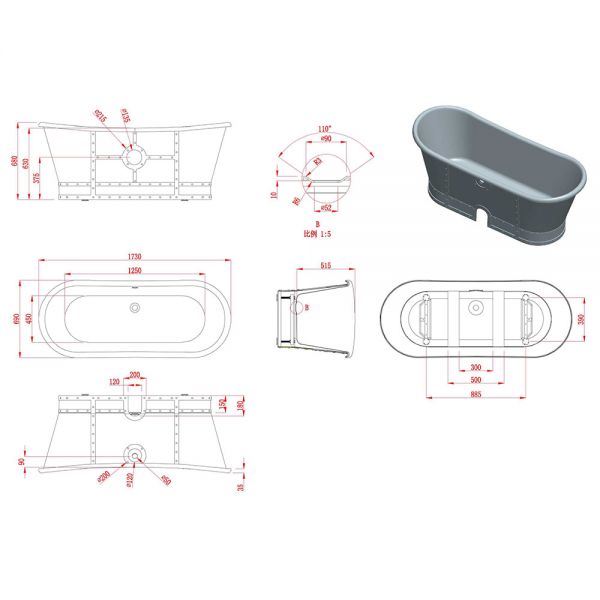BC Designs Industrial Freestanding Boat Bath 1730 x 690mm BAS060 #6