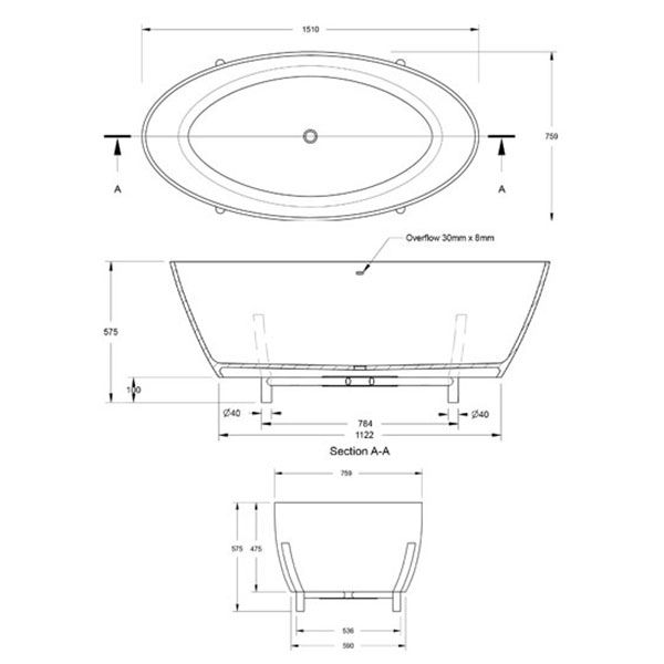 BC Designs Projekt Essex Matt White Double Ended Freestanding Bath 1510 x 760 BAB080 #3