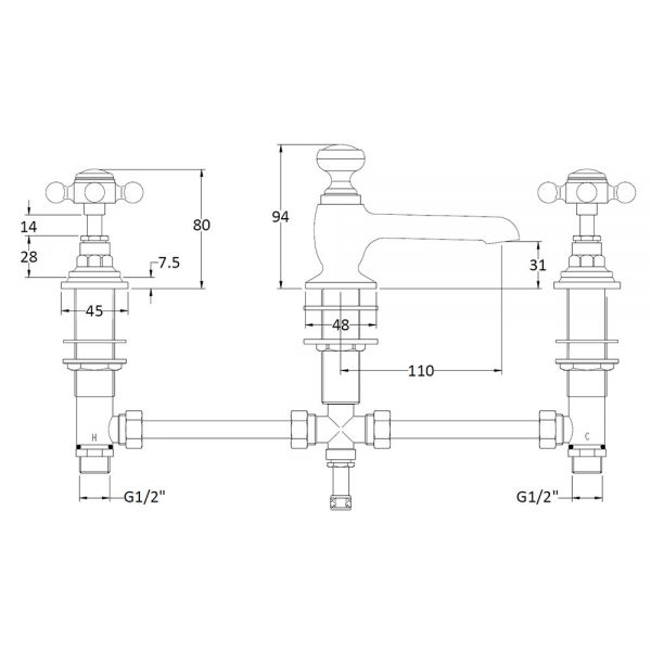 BC Designs Victrion Crosshead Chrome Deck Mounted 3 Hole Basin Mixer Tap with Pull Up Waste #3