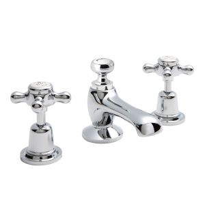 BC Designs Victrion Crosshead Chrome Deck Mounted 3 Hole Basin Mixer Tap with Pull Up Waste