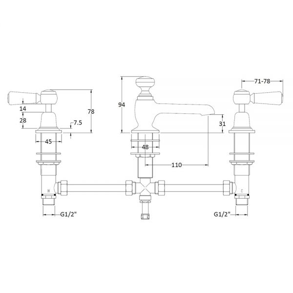 BC Designs Victrion Lever Chrome Deck Mounted 3 Hole Basin Mixer Tap with Pull Up Waste #2