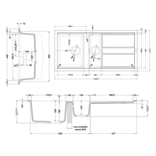 Reginox Best White 1.5 Bowl Granite Kitchen Sink 1000 x 510mm #2