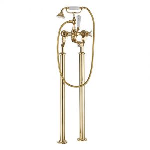 Crosswater Belgravia Crosshead Unlacquered Brass Bath Shower Mixer Tap with Floor Standing Legs