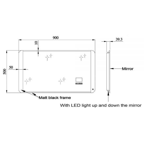 JTP Digital Matt Black Rectangular LED Bluetooth Mirror 500 x 900mm #6