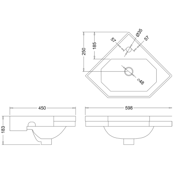 Burlington 600mm Wall Hung Cloakroom Corner Basin B10 #2