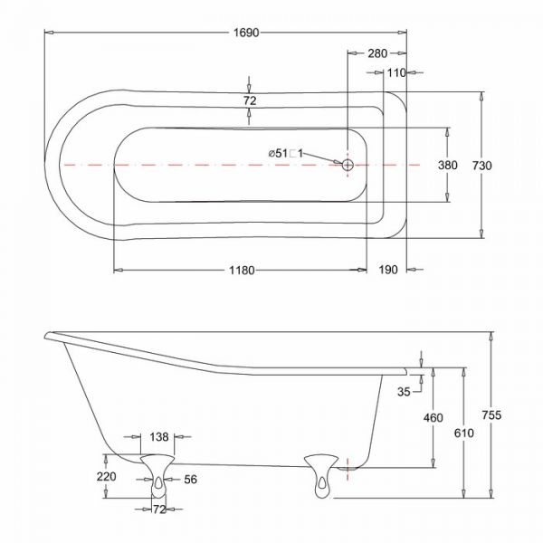Burlington Harewood 1690 x 730 Single Ended Slipper Bath #2