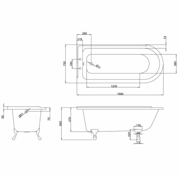 Burlington Hampton 1700 x 750 Left Handed Shower Bath #2