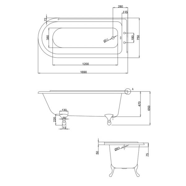 Burlington Hampton 1700 x 750 Right Handed Shower Bath #2
