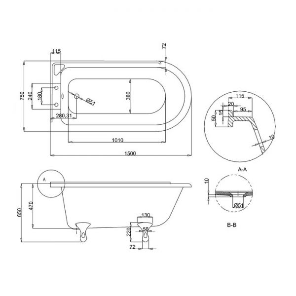 Burlington Hampton 1500 x 750 Left Handed Shower Bath #2