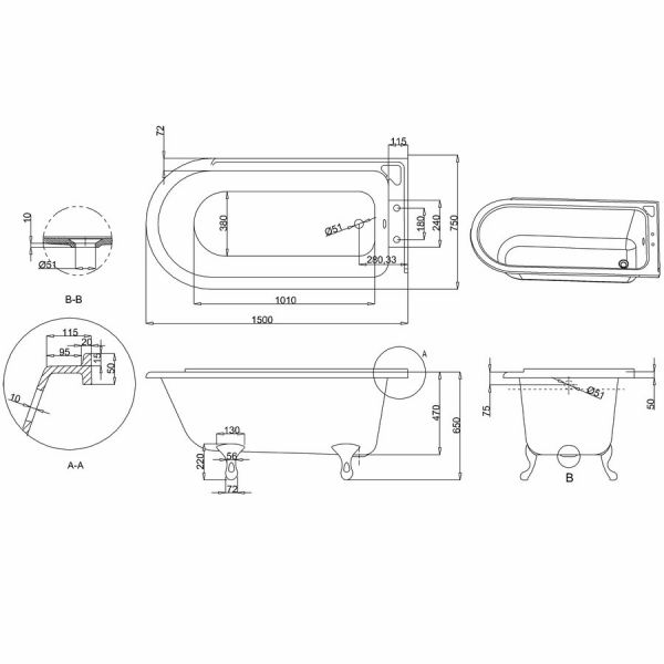 Burlington Hampton 1500 x 750 Right Handed Shower Bath #2