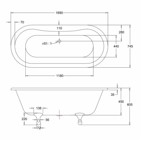 Burlington Windsor 1700 x 750 Doubled Ended Freestanding Bath #2