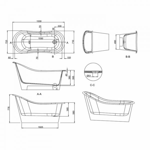 Burlington Emperor 1500 x 725 Slipper Bath #2