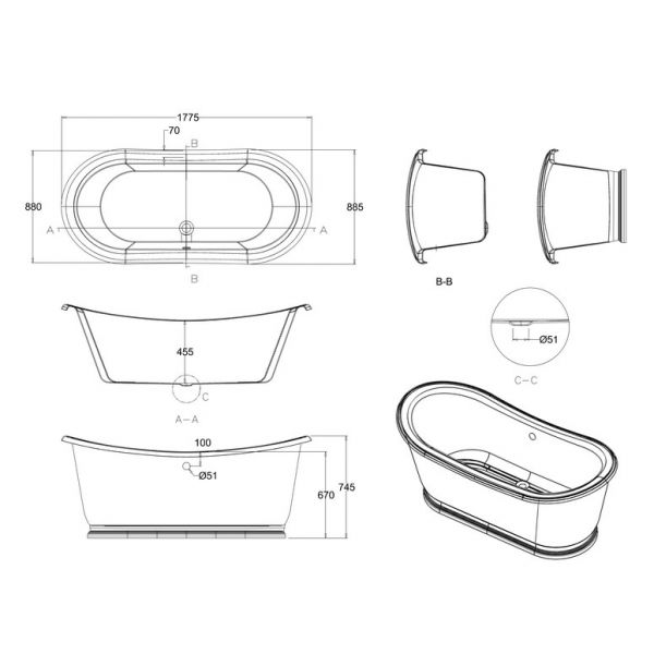 Burlington Admiral 1775 x 890 Double Ended Freestanding Bath #3