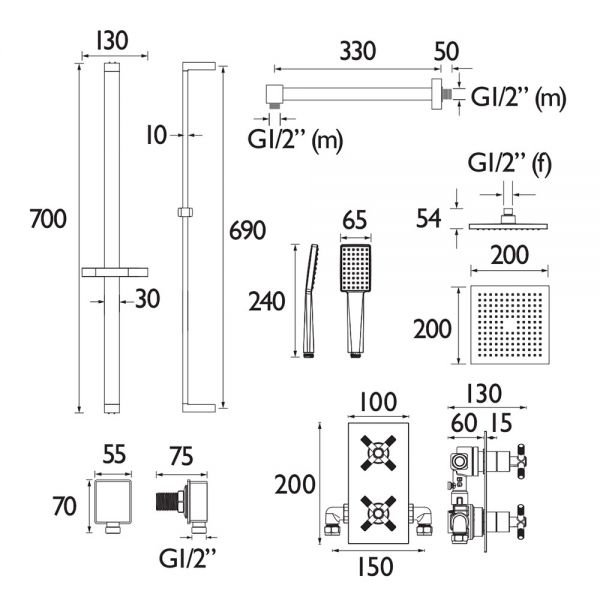 Bristan Cruzar Brushed Brass 2 Outlet Shower Pack with Overhead Shower and Riser Rail Kit #3