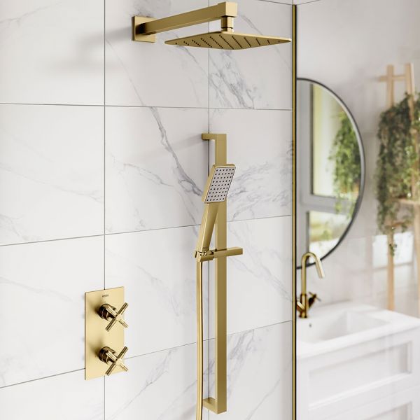 Bristan Cruzar Brushed Brass 2 Outlet Shower Pack with Overhead Shower and Riser Rail Kit #2