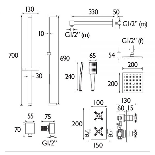 Bristan Cruzar Matt Black 2 Outlet Shower Pack with Overhead Shower and Riser Rail Kit #3