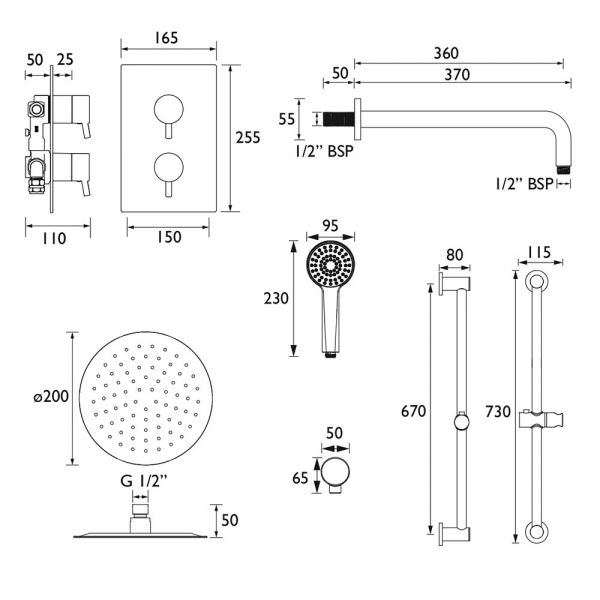 Bristan Prism Brushed Brass 2 Outlet Shower Pack with Overhead Shower and Riser Rail Kit #4