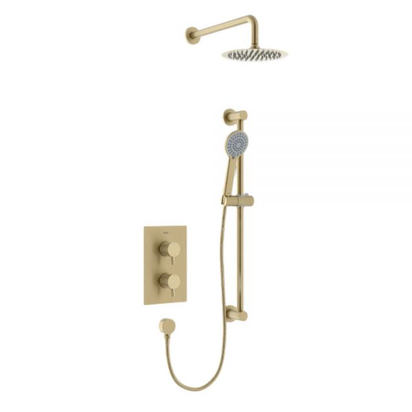 Bristan Prism Brushed Brass 2 Outlet Shower Pack with Overhead Shower and Riser Rail Kit